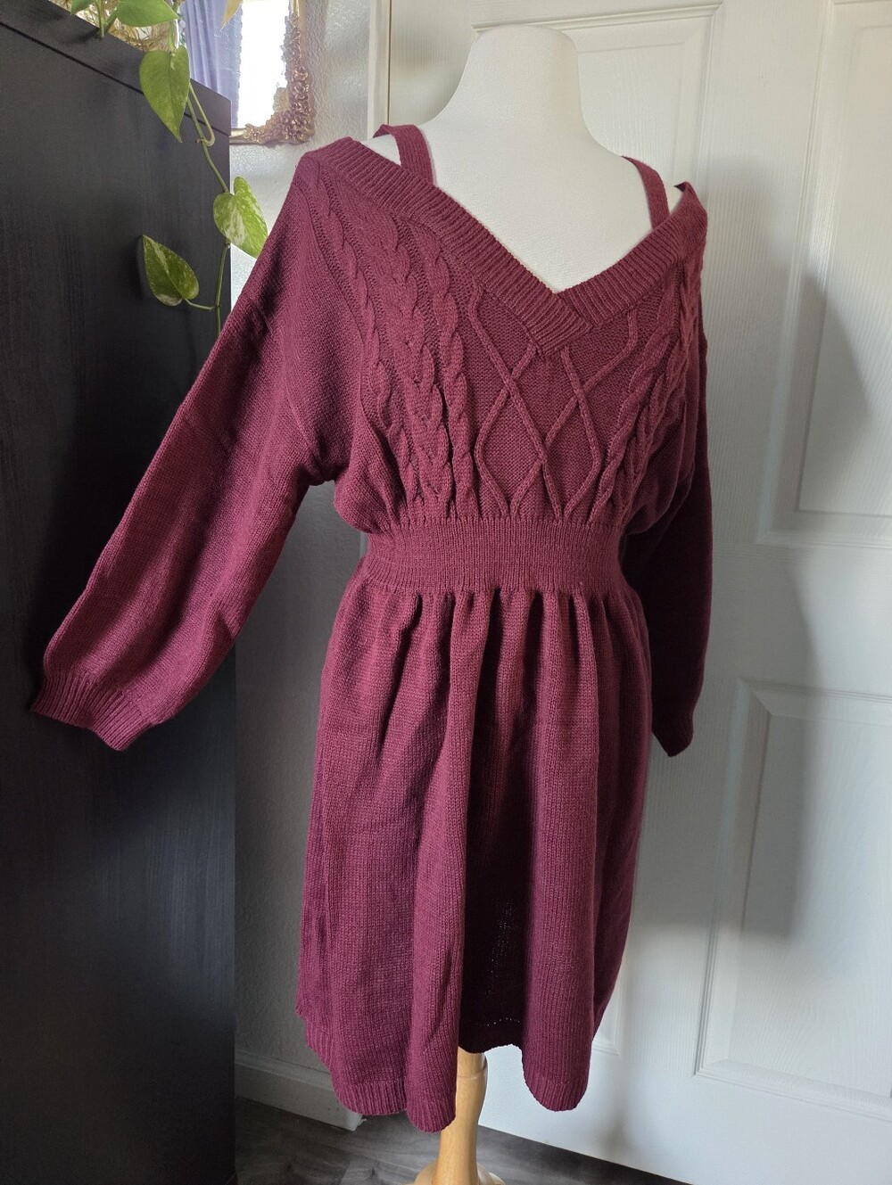 Shein curve maroon red sweater knit dress off shoulder long sleeve size 1X